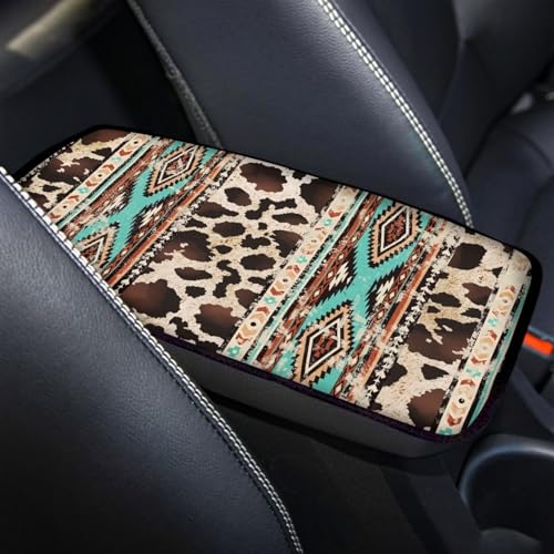 Wanyint Auto Center Console Pad, Easy to Install Armrest Cover, Car Accessories Fit Most Vehicles SUV Truck Van Sedans, Aztec Brown Cow Print Retro - color: Aztec Brown Cow Print Retro