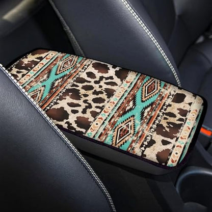 Wanyint Auto Center Console Pad, Easy to Install Armrest Cover, Car Accessories Fit Most Vehicles SUV Truck Van Sedans, Aztec Brown Cow Print Retro - color: Aztec Brown Cow Print Retro