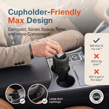 Trash Trapper Car Trash Can Cup Holder | Max Car Trash Can | Fits in Most Cupholders | 5.6" x 3.5" | Traps More & Empties Less, Patent-Pending Compaction, Holds Many Weeks Small Garbage, Black/Grey - color: Black/Grey, size: Max