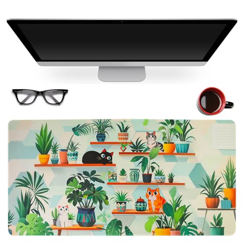 PERFECTSIGHT Cute Cat Desk Pad Kawaii Plant Kitty Desk Mat, Large Gaming Mouse Pad, Funny Deskmat Mousepad, Laptop Keyboard Pad Office Home Decor for Women Girls, Green - color: Green