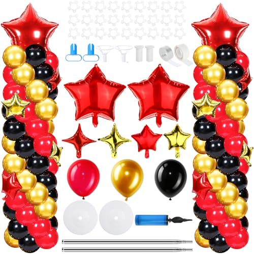 Gejoy 110 Pcs Red Gold Black Balloons Column Stand Kit Adjustable Tower Stand from 1.4 to 6.6 ft with Bases for Back to School Wedding Birthday Baby Shower Party - color: Red Gold Black