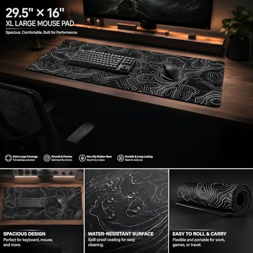 AQQA Mouse Pad,Extended Large Gaming Mousepad mat with Non-Slip Rubber Base,Topographic Map Lines Contour Geographic Background,for Gaming Office Laptop Computer Men Women(29.5x16 Inch,Black) - color: Black, size: 16L x 29.5W inches