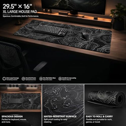 AQQA Mouse Pad,Extended Large Gaming Mousepad mat with Non-Slip Rubber Base,Topographic Map Lines Contour Geographic Background,for Gaming Office Laptop Computer Men Women(29.5x16 Inch,Black) - color: Black, size: 16L x 29.5W inches