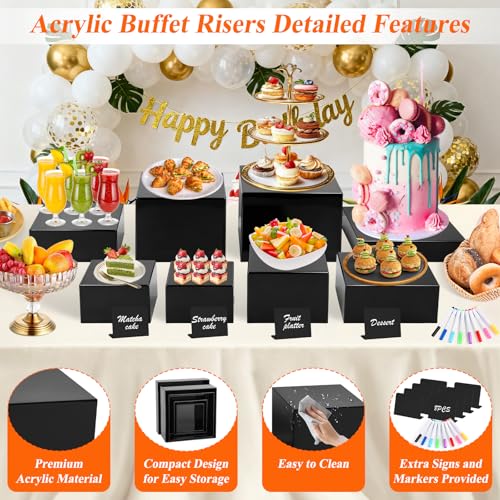 8Pcs Black Acrylic Buffet Risers with Mini Sign and Marker, Black Acrylic Risers for Party Catering Dessert Jewelry Collectibles with Hollow Bottoms Nesting Cube Box (9.5" 9" 8" 7.5" 6.8" 6" 5" 5") - color: 9.5"9" 8" 7.5" 6.8" 6" 5" 5"