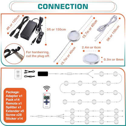 Under Cabinet Lighting Kit, Curio Display Case Lighting, Dimmable Wireless RF Remote Control, Linkable Wired LED Puck Lights, AC120V to DC12V, Hardwired or Wall Plug, Daylight, 14 Lights - color: 14 Lights, Daylight