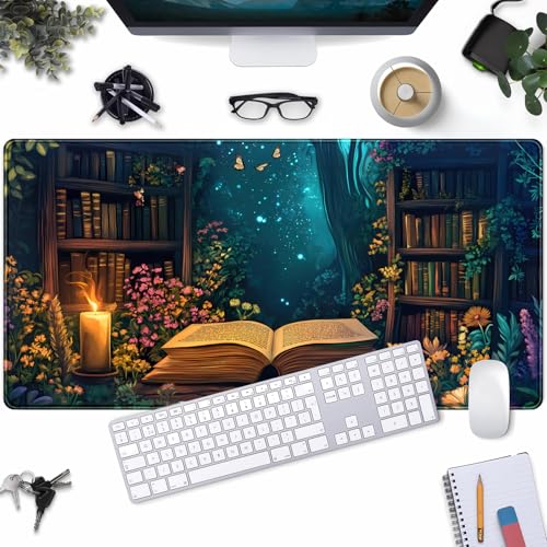 Gothic Desk Mat Gaming Desk Pad Blue Forest Large Mouse Pad, Mysterious Library Mouse Mat XXL Laptop Keyboard Pad, Vintage Gamer Mouse Pad Full Mousepads for School Office Home 31.5"x15.7" - color: Blue Forest