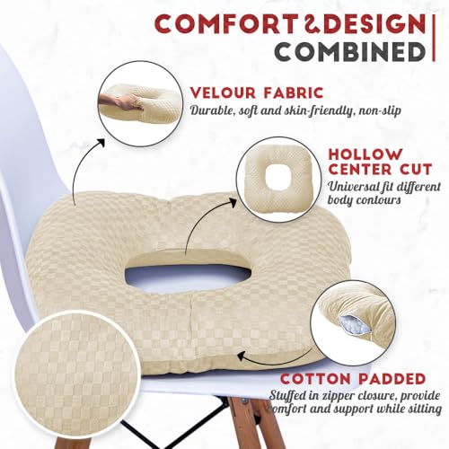 Stuffed Donut Pillow Seat Cushion | for Tailbone and Coccyx Pain, Hemorrhoids, Bed Sores, Pregnancy, Prostate, Surgery Recovery, Sitting Pressure Relief, for Home, Office and Car (Beige) - color: Beige