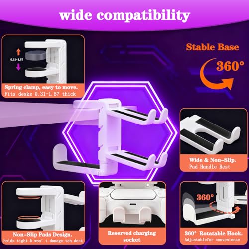 Rotatable Under Desk Headphone Hanger with 2 Controller Slots - 3-in-1 Gaming Accessory with Adjustable Clamp & Cable Organizer,for Home Gaming Xbox ps5 -White