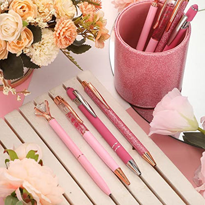 Sabary 8 Pcs Pink Pens with Pen Holder for Desk Glitter Crystal Diamond Cute Ballpoint Fancy Pencil Holder Bling Desk Organizer for Women Girls School Office Supplies Wedding Graduation Gifts - color: Pink