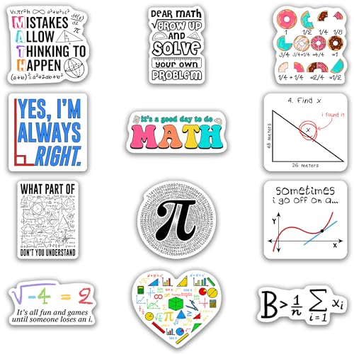 Math Stickers 12pcs for Students Teens, Funny Math Stickers, Pi Mathematics Design, Mathematics Decals for Classroom, Waterproof Stickers for Water Bottles Laptop - color: Math