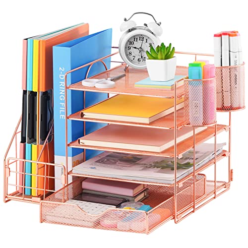 Marbrasse Rose Gold Desk Organizer with File Holder, 5-Tier Paper Letter Tray Organizer and Drawer, Mesh Desktop Storage with Magazine Holder for Office Supplies - color: Rose Gold