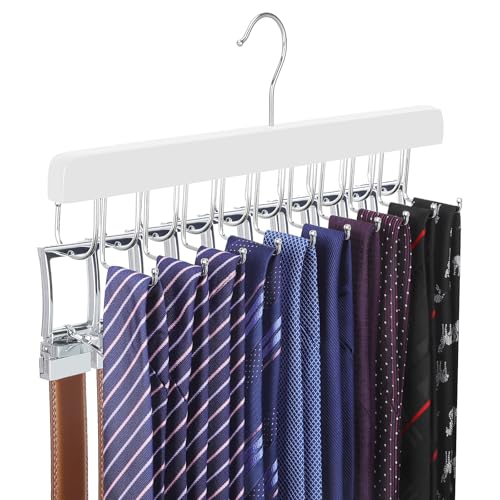 TOPIA HANGER 20 Hooks 2 in 1 Belt Tie Hanger for Closet Max 30 Belts with 30 Ties Capacity, Belt Tie Racks Wooden Hanger for Closet Organizer Storage “U” Fit for Belt and “一” Fit for Tie - CT47W - color: White