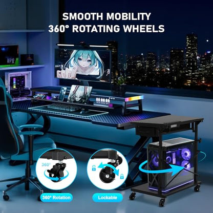 PC Tower Stand, Computer Tower Stand Under Desk，PC Stand for Floor with Drawer & 2 Lockable Castors，2 Tier Computer Cart for ATX Case，Office，Game Rooms，Study Room