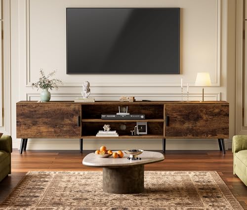 SUPERJARE 70.9 Inch TV Stand for 65, 75 Inch TV, Entertainment Center with Adjustable Shelf, 2 Cabinets, TV Console Table, Media Console, Solid Wood Feet, Cord Holes, for Living Room, Rustic Brown - color: Rustic Brown, size: 70.9"