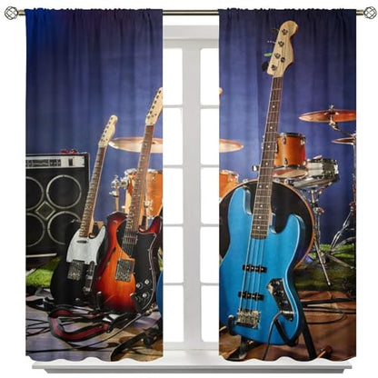 Music Themed Guitar Curtain, Rock Music Drum Kit Musical Instruments Print Window Drapes for Bedroom Living Room 42" W X 45" L(No Blackout) - color: Music-8, size: 20.5"W x 45"L (Pack of 2)