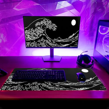 Japanese Sea Wave Gaming Mouse Pad 27.6x11.8 Inch Anime Black Large Mousepad Extended Kanagawa Mousepad Gaming Non-Slip Rubber Base Stitched Edges Keyboard Mouse Mat Desk Pad for Office Home Game - color: Black Wave of Kanagawa