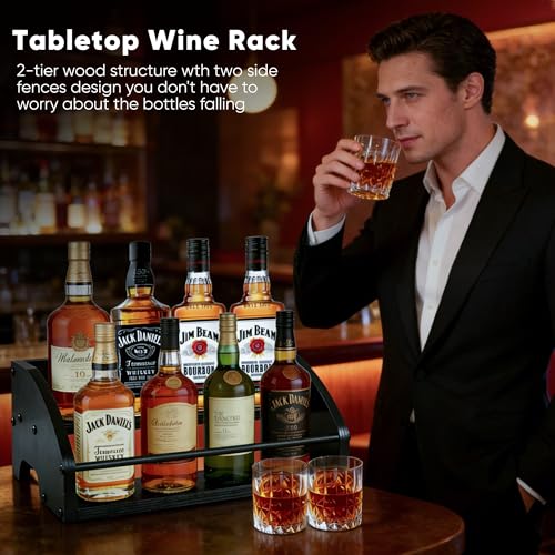 Mini Coffee Syrup Rack, 2-Tier | Syrup Bottles Holder, Liquor Bottle Display Shelf, Rustic Wooden Countertop Organizer, For Coffee Bar, Spirits, Tea - color: 2-Tier Wood