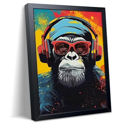 Framed Cool Monkey Wall Art, With Headphones and Sunglasses Chimp Wall Decor, Colorful Graffiti Canvas Print Poster, Cool Animal Oil Painting for Boys Bedroom Gaming Room Home Decor 12x16 Inch - color: B-Chimpanzees, size: 16"L x 12"W