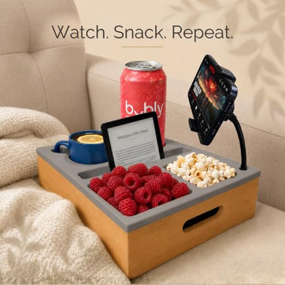 Couch Caddy with Cup Holder | Wood Couch Cup Holder Tray for Drinks, Snacks & Remotes | Sofa Couch Organizer with Phone & Cup Holder Tray (Grey) - color: Grey