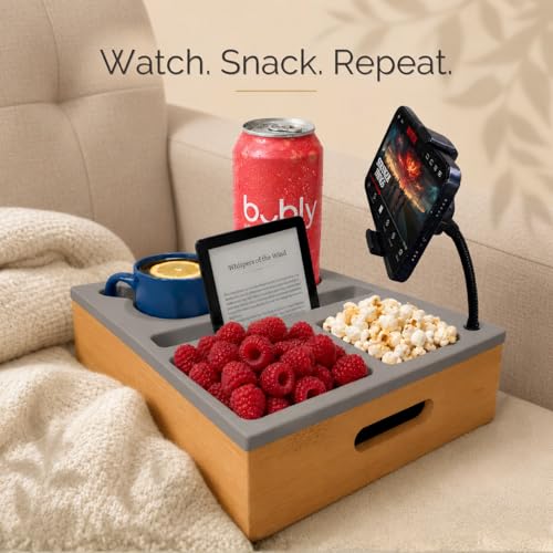 Couch Caddy with Cup Holder | Wood Couch Cup Holder Tray for Drinks, Snacks & Remotes | Sofa Couch Organizer with Phone & Cup Holder Tray (Grey) - color: Grey