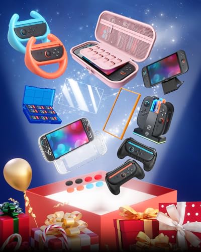 Switch 2 Accessories, Case Bundle for Nintendo Switch 2 2025 Console,[Charge Inside]FYOUNG 23 IN 1 Kit:Carrying Case,Controller Charger,Protective Shell,Grip for Joycon, Steering Wheel -Pink - color: Pink