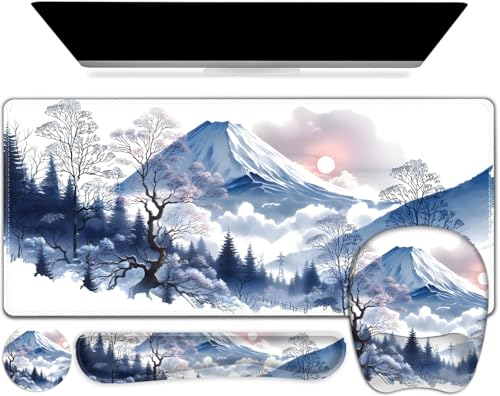 4 in 1 Large Mouse Pad, Keyboard Wrist Rest Set, Ergonomic Mouse Pad with Wrist Support, Desk Mat with Stitched Edges Extended Desk Pad Waterproof Desk Mat for Home Office Game I Snowy Mountain Sun - color: Snowy Mountain Sun