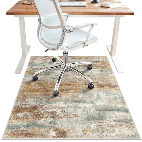 Office Chair Mat for Hardwood Tile Floor, Abstract 36"X 48" Desk Mats for Office Chair on Rolling Chairs Carpet, Desk Anti-Slip 1/5" Thick Rug for Computer Chair, Thin Low-Pile Floor Mat, Orange Sage - color: Orange Sage, size: 36"x48"