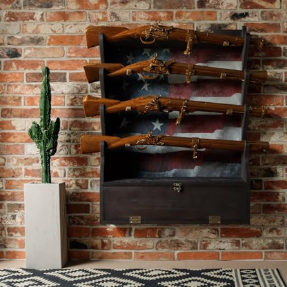 Yuntau Four Gun Wooden Gun Display Rack with Cabinet Storage Compartment and Soft Pad for Rifle Accessories Shotgun Rifle Rack for Wall Mount Home Indoor Decor - style: American Flag