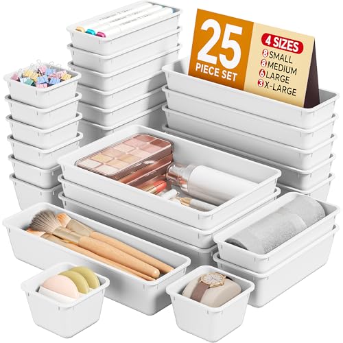 KEMETHY 25 PCS Plastic Drawer Organizers Set, 4 Sizes Vanity Organizer, Makeup and Desk Drawer Organizer Trays, Organization and Storage for Makeup, Bathroom, Kitchen Utensils and Office (White) - color: White
