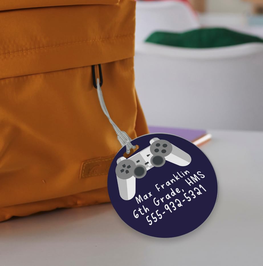 Personalized Gamer Circle Luggage Tag / 4" Round Custom Video Game Bag Tag/Double Sided Durable Plastic Luggage Tag with Plastic Strap/Made in The USA - style: Video Game
