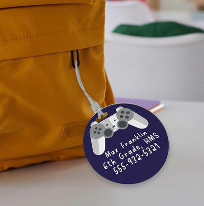 Personalized Gamer Circle Luggage Tag / 4" Round Custom Video Game Bag Tag/Double Sided Durable Plastic Luggage Tag with Plastic Strap/Made in The USA - style: Video Game