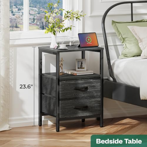 Huuger Nightstand with Charging Station, Fabric Drawers, End Table with Open Shelf, Bedside Table with USB Ports and Outlets, Night Stand for Bedroom, Charcoal Black Wood Grain Print - color: Charcoal Black Wood Grain Print, size: 11.8"d X 15.7"w X 23.6"h