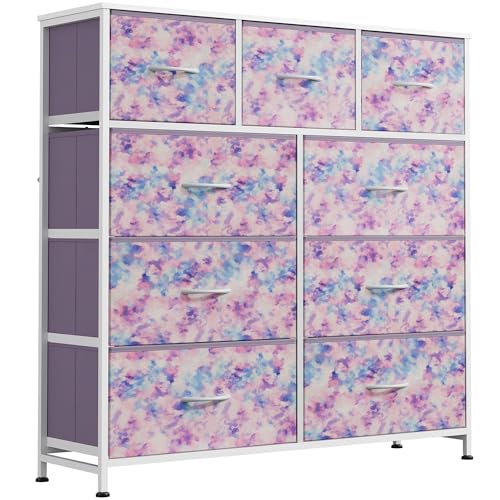 WLIVE 9 Drawer Dresser, Fabric Storage Tower for Bedroom, Hallway, Closet, Tall Chest Organizer Unit for Bedroom with Fabric Bins, Steel Frame, Wood Top, Tie-dye Print (Pink, Purple, Blue) - color: Tie-dye Purple Print