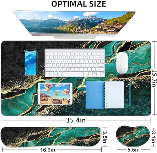 LATEEFAH Desk Mat, Mouse Pad with Wrist Rest, 4-in-1 Large Mouse Pads for Desk, Ergonomic Mouse Pad and Keyboard Wrist Rest Gaming Keyboard Mat for Office, Home - color: 4Pcs-Gold Green Marble