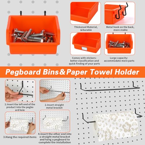 296 PCS Extra Thick 0.2'' Pegboard Hooks for 1/4" Peg Board Hanging Tools, Heavy Duty Metal Black Pegboard Accessories with Pegboard Bins and Peg Locks for Garage Organization - size: 296PCS
