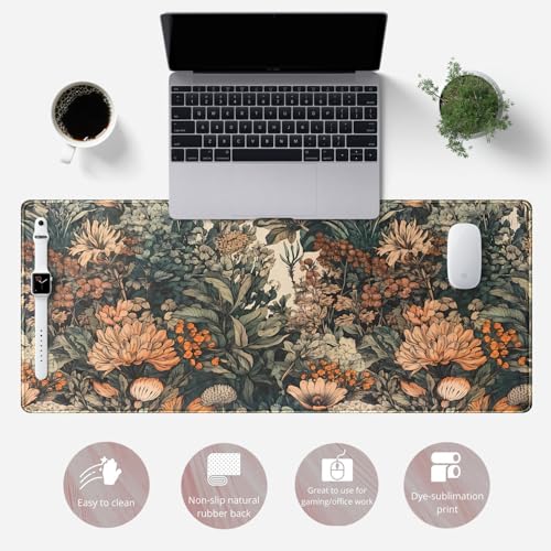 Flower Vintage Desk Pad Aesthetic Desk Mat Flower Mouse Pad Computer Big Mousepad Non-Slip Base Gaming Keyboard Giant Mouse Pad Computer Mat for Laptop Office with Stitched Eges 31.5x11.8 in - color: C-scandinavian Style Gothic Flower