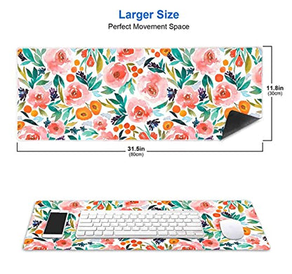IMAYONDIA Large Floral Gaming Mouse Pad Mat with Stitched Edges, Extended Mousepad, Non-Slip Rubber Base Keyboard Pad, Desk Pad for Gamer, Office, (31.5” x 11.8” x 0.12”) - Watercolor Rose Flowers - color: Pink Rose Flowers