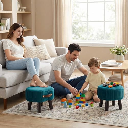 Foot Stools Small, Ottomon with Handle, Velvet Footrest Ottoman | Curved Foot Stool with Padded Seat Wooden Legs, Portable Foot Rest for Living Room, Bedroom, Entryway, (Peacock Blue) - color: Peacock Blue