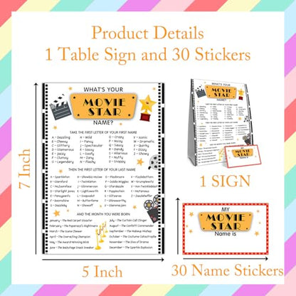 What's Your Movie Stars Name Game Card Set, Movie Stars Games Sign Cards, Hollywood Birthday Party Game Cards, 1 Movie Stars Name Sign, 30 Names Sticker, Funny Birthday Party Decor for Boys Girls - style: Movie Stars