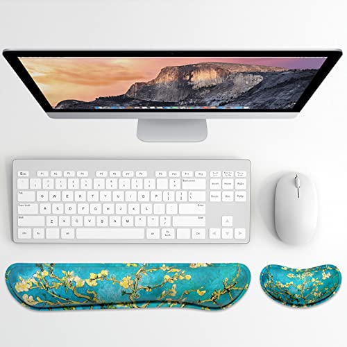 Dapesuom Enlarge Keyboard Wrist Rest, Memory Foam Wrist Cushion for Desk Mats Support, Cute Pain Relief Keyboard Mouse Pad Rests Set with Non-Slip Base for Gaming Laptop Office Computer, Blue Flower - color: Van Gogh Blooming Apricot Tree