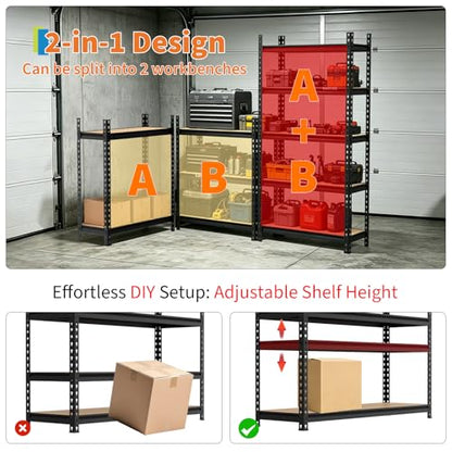 Garvee 5-Tier Heavy Duty Storage Shelves, 2204 lbs Capacity Adjustable Garage Shelving Unit with MDF Boards, Metal Standing Shelf Organizer for Kitchen, Pantry, Basement - 30" W x 12" D x 60" H - size: 60" H x 30" W x 12" D