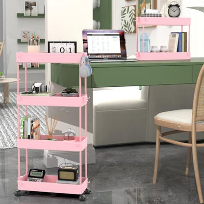 SPACEKEEPER Slim Rolling Storage Cart 4 Tier Bathroom Organizer Utility Cart Mobile Shelving Unit Tower Rack for Kitchen, Laundry Room, Bathroom, Narrow Places, Pink - color: Pink