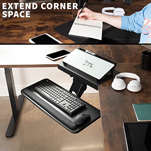 VIVO Black Under Desk Corner 25 x 10 inch Keyboard Tray, MOUNT-KB03B | Computer Keyboard and Mouse Platform with Corner Connector, Under Table Desk Mount for L-Shaped Workstations, Full Swivel