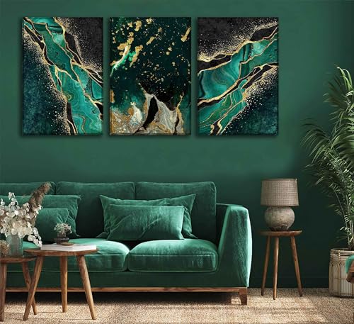 WSTUKVV 3Pcs Green and Gold Wall Art Abstrct Gold Foil Lines Posters Pictures Marble Texture Canvas Prints Dark Green Paintings for Nordic Living Room Bedroom Office Home Wall Decor Ready to Hang - color: Green gold canvas, size: 16"Lx12"W