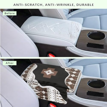 Wanyint Southwest Aztec Black Brown Car Center Console Cover Comfortable Armrest Storage Box Mat Anti-Scratch Middle Console Cover Protective Cover Universal Fit Most Vehicle, SUV, Truck - color: Southwest Aztec Black Brown