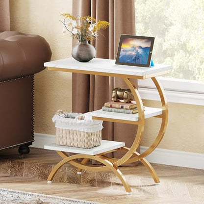 Tribesigns C-Shaped End Table, Industrial 3-Tier Small Side Table for Couch, Wood Bedside Table Snack Side Table with Storage Shelves for Living Room Small Space, White Gold - color: White Gold