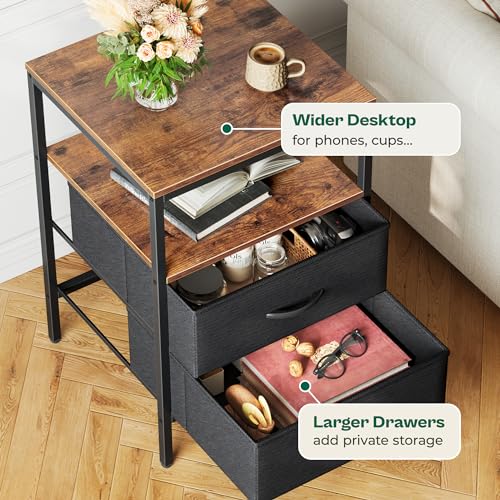 Huuger Night Stand with Charger Station, 27.7 Inch Tall Nightstand, Bed Side Table with 2 Fabric Drawers, Fabric Drawer Dresser for Bedroom, Living Room, Rustic Brown and Black - color: Rustic Brown and Black, size: 11.8"d X 17.7"w X 27.7"h (2 Drawers)