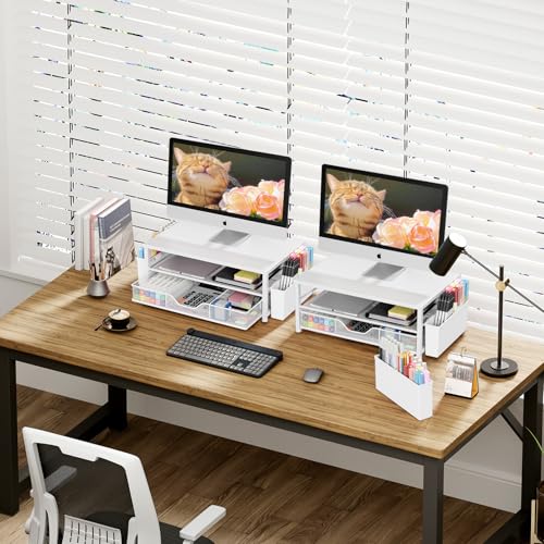 OPNICE Desk Organizers and Accessories, 2-Tier Computer Monitor Stand Riser with Drawer and 2 Pen Holders, Laptop Stand, Office Desk Accessories for Office Supplies, White Wood - color: White Wood, size: With Drawer and 2 Pen Holders