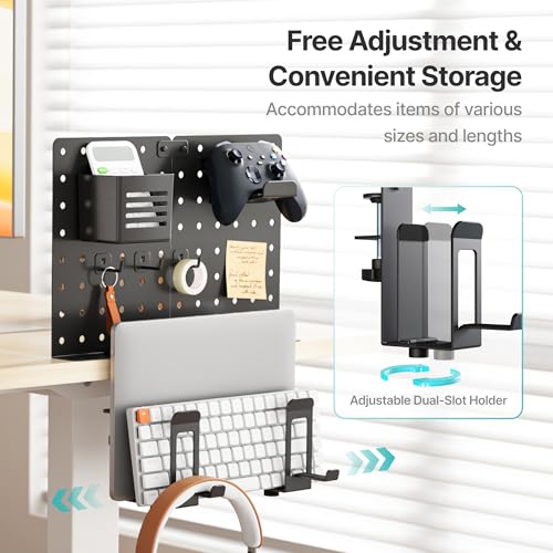PEGZONE Clamp on Desk Pegboard Shelf, with 2-Slot Under Desk Laptop Holder | with Headphone Holder and Pegboard Accessories, Desk Side Storage for Office Gaming, Desk Organizer, Black