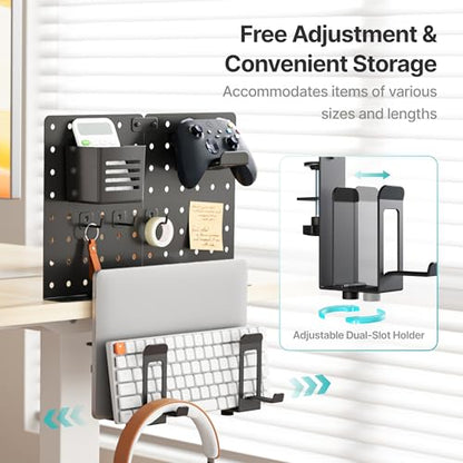 PEGZONE Clamp on Desk Pegboard Shelf, with 2-Slot Under Desk Laptop Holder | with Headphone Holder and Pegboard Accessories, Desk Side Storage for Office Gaming, Desk Organizer, Black